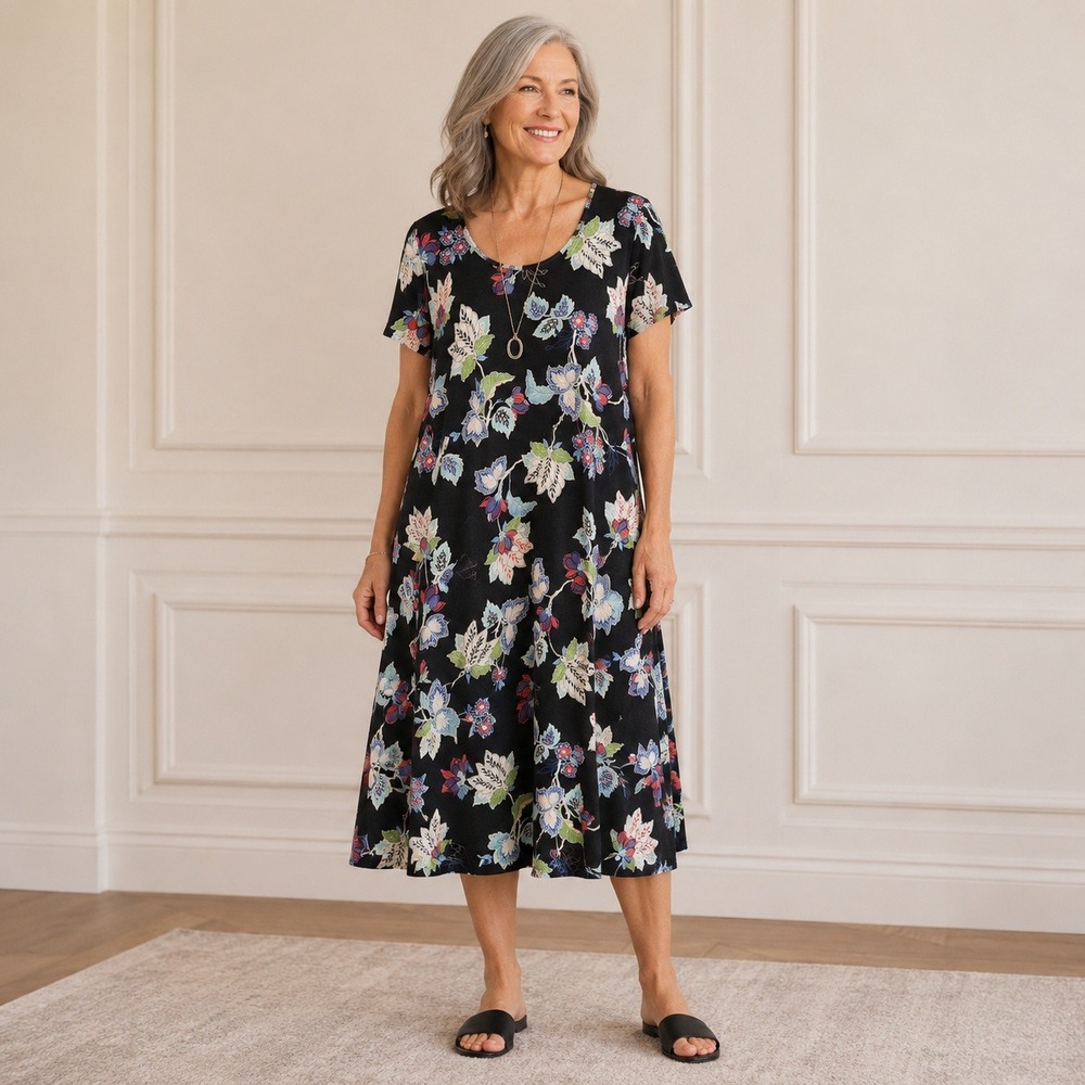 J.‎ Jill Shift Dress Floral Navy Blue Rayon Stretch Casual Oversized S